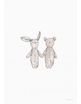 postkaart Inkylines knuffelkonijn en teddybeer